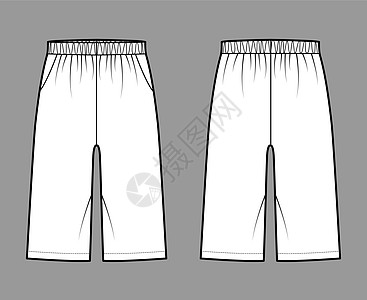 百慕大短技术时装插图 用弹性低腰 上下 放松 膝盖长度来说明服装球衣束带裤子男人小样衣服运动装橄榄球健身房图片