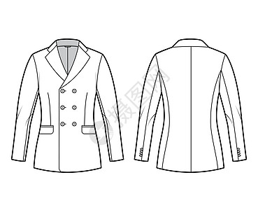 适合穿衣的夹克符合技术时装插图 配有双乳 未加标记的胸颈领 扇形口袋 臀部长度男装女性商务外套风俗定制运动商业工作男士图片