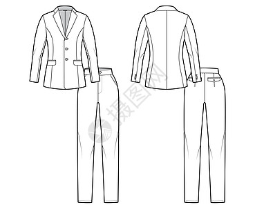 套装裤套装-经典女式夹克技术时尚插图 两件式 单排扣 合身图片