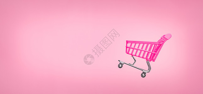 在线销售购物车商店横幅 E 空手推车孤立的粉红色背景 粉色购物车超市概念 横幅粉红色概念销售在线购物车超市销售购物符号图片