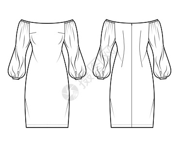 穿脱肩的巴多特技术时装插图 用长帆袖子 合身和膝部长度铅笔裙子衬衫小样草图男性太阳裙女性设计女士服装纺织品图片