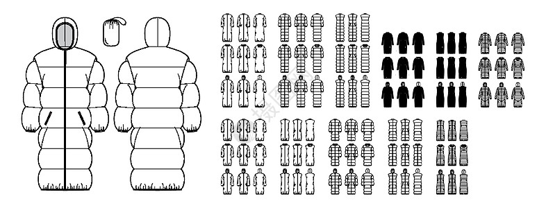 服装尺寸素材一套装有邮袋 袖套衣领 超大尺寸的自上背心外衣和浮肩腰外套技术时装插图插画