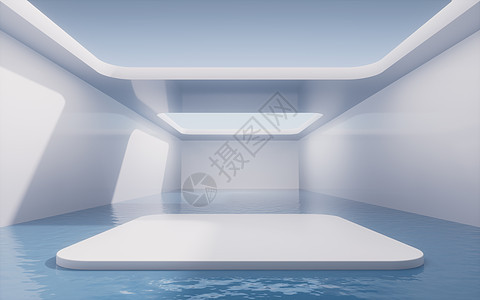 里面有水的空房间 3D翻接天空展示平台隧道渲染阴影房子讲台陈列柜水池图片