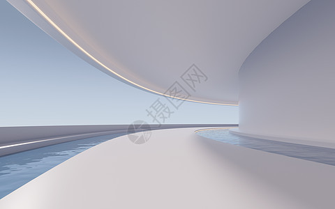 里面有水的空房间 3D翻接蓝色水泥化妆品阳光房子曲线建筑学阴影入口平台背景图片