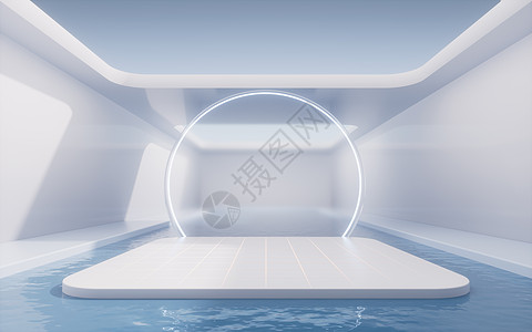 里面有水的空房间 3D翻接场景玻璃建筑天空展示陈列柜推介会水泥地面蓝色图片