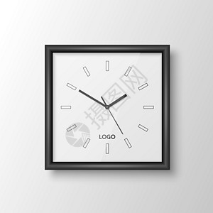 矢量 3d 逼真方形墙壁办公室时钟与黑色框架 设计模板隔离在白色 使用罗马数字拨号 用于品牌和广告隔离的挂钟模型 钟面设计盘子手图片