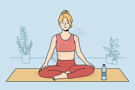 室内瑜伽冷静的女人在家做瑜伽平衡身体会议绘画空气冥想活动自由思考女性插画