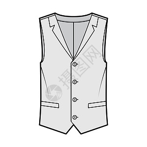 用无袖 不贴实的披肩项圈 扣上锁 口袋式插件来绘制脱衣背心腰外套技术时装图示男性女士身体商业餐厅男人服务员小样衬衫套装图片
