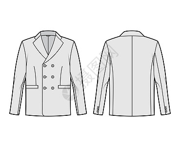 双乳夹克符合技术时装插图 用长袖 标记的领子 折纹口袋办公室人士绅士大衣男生套装设计女性商务男装图片