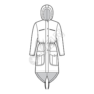 用假毛帽 长袖子 合身身体 膝盖长度 扇形口袋来绘制公园大衣技术时装图孩子们女性孩子衣服男装滑雪外套风衣男人雨衣图片