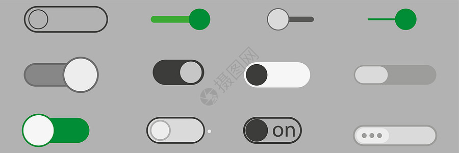 带有字母现代设备用户界面模型或模板的打开和特写切换按钮-白色背景上的绿色和灰色-矢量渐变图形设计背景图片