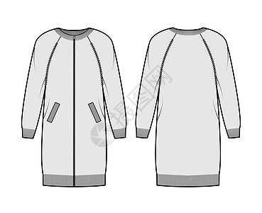 技术时装插图 用肋骨组员颈 长长的拉布兰袖子 超大尺寸和口袋设计男性女性运动衫毛衣针织品开襟衫夹克织物女士背景图片