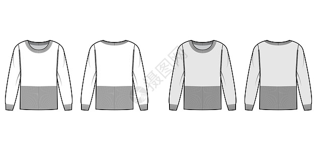 罗纹圆领 长袖 合身 臀部长度 针织饰边的腰部毛衣技术时尚插图运动衫针织品夹克裙子全体袖子女装设计小样服饰图片