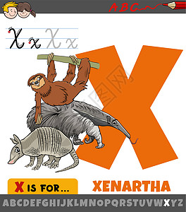 带有卡通卡通Xenartha动物的字母表 X图片