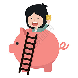 商业妇女把钱放进小猪银行的概念图片