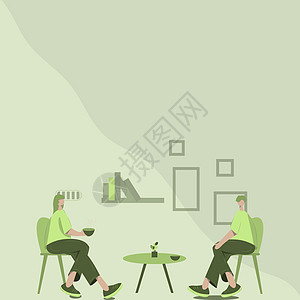 两位同事进行轻松对话的插图 团队成员聚集在办公室聊天新的更新和意见 队友绘图设计思想以加强工作卡通片计算机椅子食物商业座位男性电图片