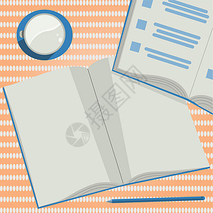 在桌上的两本开放工作书 带笔记本 铅笔和咖啡的桌子的平面视图 将完整的概览重写到桌上的其他来源教科书海报蓝色文档计算机图形标签学图片