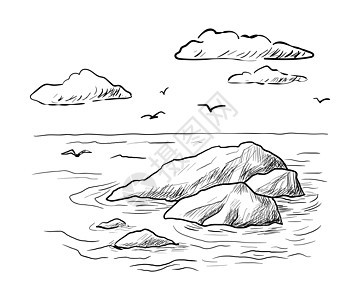 海海 岩石 海鸥和天空的海景草图 Pen 景观 手画插图图片