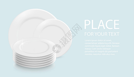 矢量 3d 逼真的白色盘子成堆 用于食物 板图标与文本隔离 正视图 干净的餐具设计模板图片