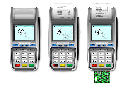矢量 3d 现实支付机集 Pos 终端 纸质收据 信用卡隔离 设计模板 银行支付终端 样机 处理 NFC 支付设备 顶视图图片
