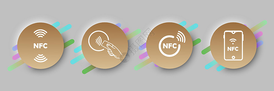 一组圆形 NFC 图标 非接触式支付图标 无线支付 信用卡 移动应用程序的用户界面元素 新形态风格 在后台隔离互联网拟态卡片技术图片