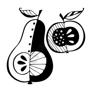 设置苹果梨涂鸦手绘黑色轮廓标志图标剪影一个特写 孤立 白色背景图片