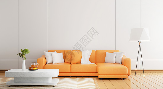 舒适的橙色沙发在现代白色木墙上在空荡荡的房间里 植物橙汁地毯和木板镶木地板上的落地灯 建筑和室内概念 3D插画渲染图片