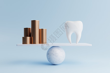 牙科牙齿和金币在蓝色背景上的平衡秤上 医疗保健和财务概念 省钱和现金流量主题 3D插画渲染图片