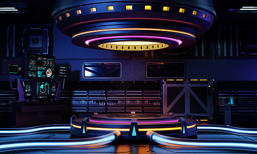 具有黄色蓝色紫色和粉红色背景的航天器上产品展台展示 技术和物体概念科幻陈列柜科学插图走廊桌子平台门户网站外星人建筑学背景图片