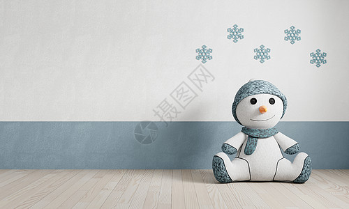 冬季插画雪人娃娃与雪花壁纸在空房间与复制空间背景 室内和儿童房的概念 3D插画渲染背景