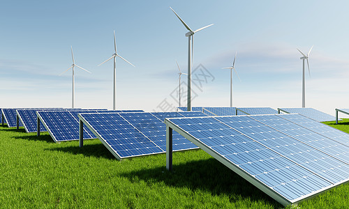 风车插画带有风力涡轮机的太阳能电池板 用于产生具有天空景观背景的电力供应 工业和可再生生态友好型电力概念 3D插画渲染背景