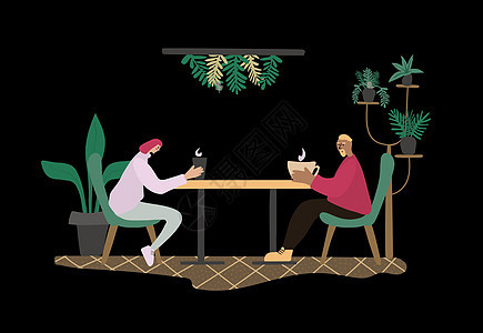 约会之夜 不同的情侣在室内享受浪漫的晚餐 一个粉红色头发的年轻女子和一个年轻男子在被植物环绕的桌子旁喝咖啡图片