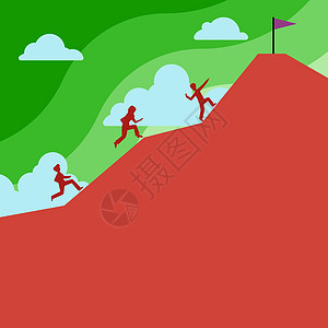 商业团队在山上攀登 以达到目标 一群人跳上山去获得顶端的旗帜 男女一起乘云而行 用新思想写作生长运动职业逆境天空进步成人悬崖绘画图片