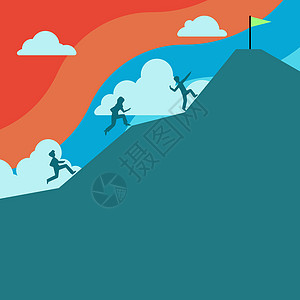 商业团队在山上攀登 以达到目标 一群人跳上山去获得顶端的旗帜 男女一起乘云而行 用新思想写作计算机危险职业男人冒险金融图形创造力图片