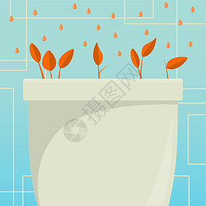 花草和草药由从上到下滴水冲刷 液体在大植物池中灌注 新鲜的种子强化了容器边缘的叶子创造力计算机图形植物学绘画植物花盆绿色季节卡通图片
