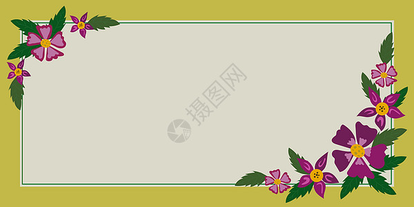 周围有叶子和花朵的框架和里面的重要公告 到处都是不同植物的框架和重要信息 有最近想法的花盒邀请函绿色装饰紫色问候季节花束庆典风格图片