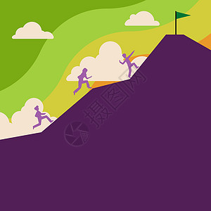 商业团队在山上攀登 以达到目标 一群人跳上山去获得顶端的旗帜 男女一起乘云而行 用新思想写作图形卡通片幸福山峰土地悬崖生长运动蓝图片