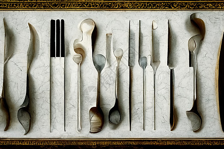 餐具式雕塑 巴洛克风格大理石 3D插图午餐故事金属古董餐厅作品早餐刀具魅力草图图片