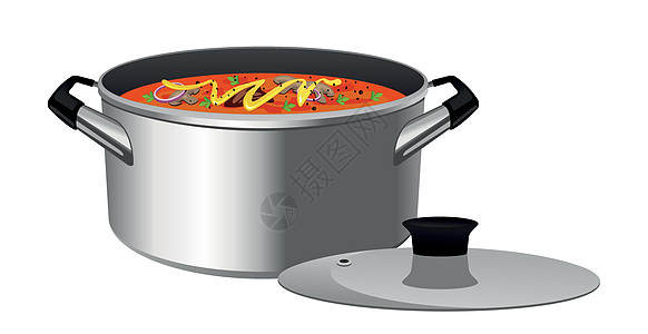具有汤白背景的现实金属锅矢量叶子菜单工具餐厅盘子平底锅食物产品卡通片炊具图片
