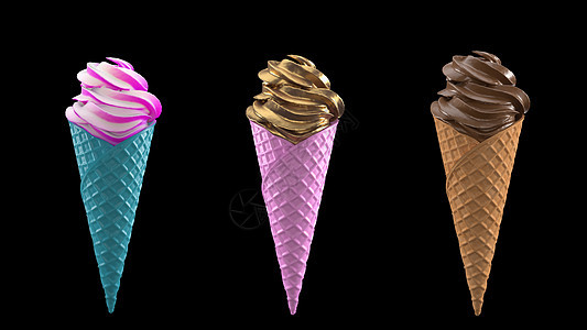 3个冰淇淋 黑色背景的华夫饼蛋白蓝色牛奶产品胡扯饼干锥体孩子们甜点奶制品食物图片