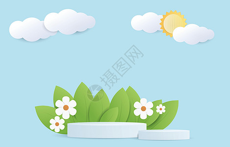 关于自然景观 太阳和蓝天空云层的夏季夏日剪纸 配有产品展品圆形讲台演示文稿 矢量插图 Name图片