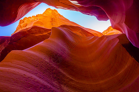 阳光照亮的羚羊狭缝峡谷 佩奇 亚利桑那州 美国紫色摄影目的地岩石橙色风景砂岩色彩国际全景图片