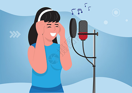 电台主播歌手艺术家矢量插图设计工作室麦克风唱歌卡拉ok享受女性女孩收音机创造力旋律图片
