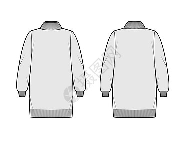 一套Sweater服装技术时装图解 用编织的肋领 长袖 大尺寸 小长度女装羊毛高领服饰女性小样开襟衫针织品插图草图背景图片