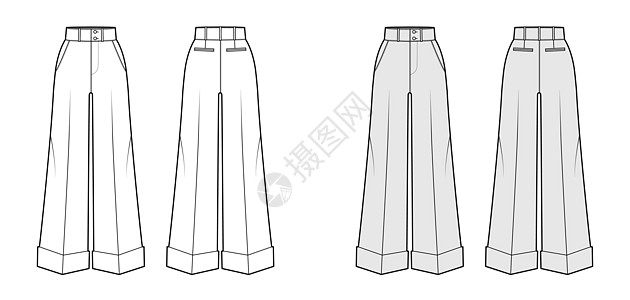 以正常腰部 高涨 全长 倾斜喷口袋为主的牛斯福特定制技术时装图女士女性插图规格小样设计服饰裤子棉布男人图片