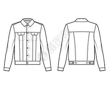 夹克技术时装插图 有扇形口袋 特写按钮 经典领章 长袖心绒纺织品服装牛仔布街道女性草图骑士牛仔裤小样图片