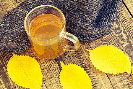 茶杯 黑编织围巾和秋黄叶图片