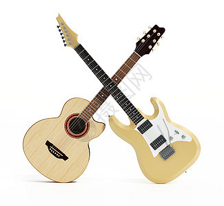 白色背景上孤立的电吉他和古典吉他 3D 插图图片
