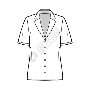 Pajama风格的上衣技术时尚图示 有回旋式营地领 短袖 散装体格身体男人计算机袖子设计裙子纺织品棉布衬衫脖子图片
