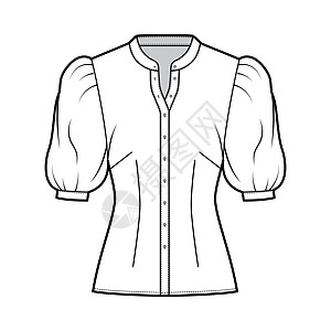 袖领衬衫技术时装插图 用肘盖袖 前纽扣加固 配有轮光灯织物丝绸女性球座女士袖子办公室女孩设计服饰图片